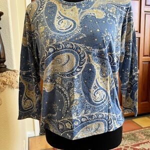 Chico's Blue and Cream Paisley Long-Sleeve Top